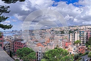 Genoa cityscape: panoramic view from Spianata Castelletto, Italy.