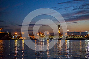 Genoa harbor landscape at night. Italy, Europe.