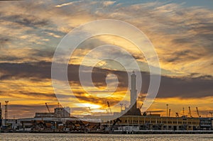 View of Lanterna (Lighthouse) of Genoa at sunset, Italy