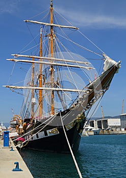 GENOA,ITALY:Palinuro ship moored in the dock of the Ocean Live Park on the occasion of the Ocean Race 2023.June 25,2023.