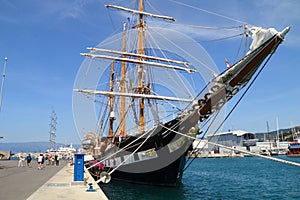 GENOA,ITALY:Palinuro ship moored in the dock of the Ocean Live Park on the occasion of the Ocean Race 2023.June 25,2023.