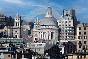 Genoa town cityscape panorama from the sea harbor