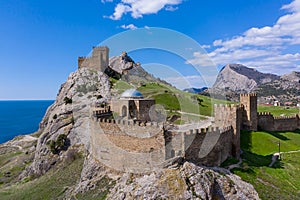 Genoese fortress in the Sudak bay on the Peninsula of Crimea. Aerial view