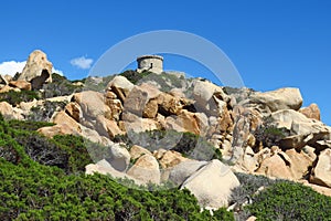 Genoese tower above the rocks at Campomoro, Corsica