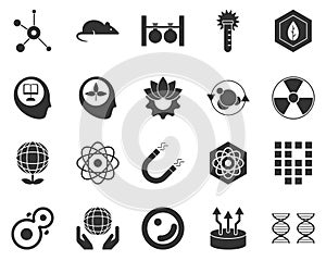 Genome, dna. Bioengineering glyph icons set. Biotechnology for health, researching, materials creating. Molecular biology,