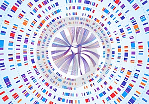 Genome infographic. Dna sequence visualization, genetic mapping, gene barcoding. Abstract chromosome map diagram