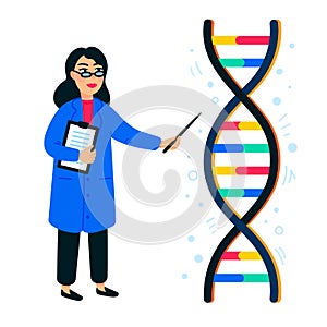 Genome sequencing concept. Female scientist and helix of dna on white background, genome or gene structure. Human genome