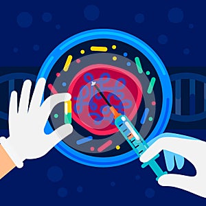 Genome sequencing concept. Nanotechnology and biochemistry laboratory. The hands of a scientist working with a dna helix