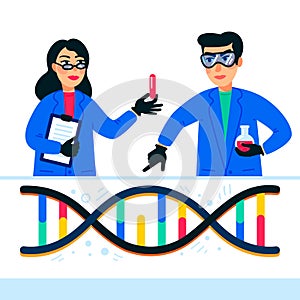 Genome sequencing concept. Scientists working in Nanotechnology or biochemistry laboratory. Molecule helix of dna