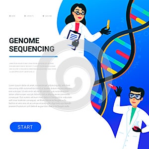 Genome sequencing concept. Scientists working in Nanotechnology or biochemistry laboratory. Molecule helix of dna