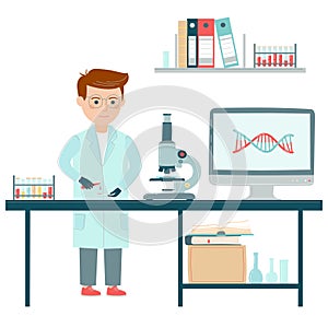 Genome sequencing project. Scientist and DNA structure.