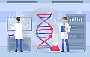 Genomics scene . Scientists are doing research in laboratory room . Genome therapy concept . Flat design . Vector