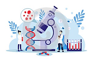 Genomics scene . Scientists are doing research in laboratory room . Genome therapy concept . Flat design . Vector photo