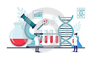 Genomics scene . Scientists are doing research in laboratory room . Genome therapy concept . Flat design . Vector