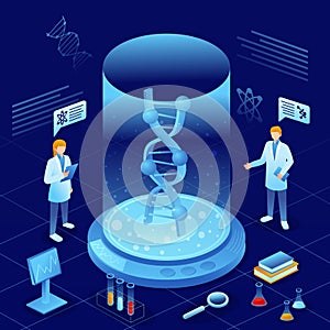 Genomics scene . Scientists are doing research in laboratory room . Genome therapy concept . Isometric design . Vector