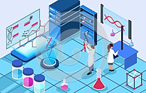 Genomics scene . Scientists are doing research in laboratory room . Genome therapy concept . Isometric design . Vector