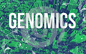 Genomics theme with abstract network patterns and Manhattan skyscrapers