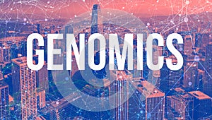 Genomics Theme with abstract network patterns and skyscrapers