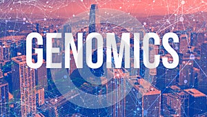Genomics Theme with abstract network patterns and skyscrapers photo