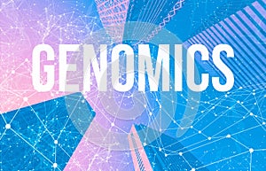 Genomics theme with abstract patterns and skyscrapers