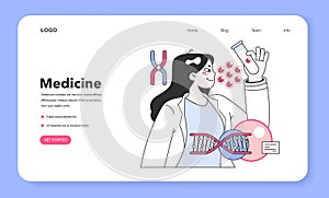 Genomics web banner or landing page. Scientists analyzing DNA helix. photo