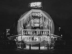 Genos Steaks at night, in Passyunk Square, Philadelphia, Pennsylvania