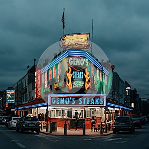 Genos Steaks at night, in Passyunk Square, Philadelphia, Pennsylvania