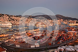 The Port of Genoa as seen from Lanterna, the old lighthouse. Genova. Liguria, Italy