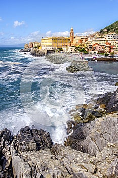 Genova Liguria Italy rough sea waves break rocks picturesque Genoese district Nervi background photo