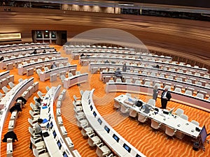 Genova , swiss / switzerland - 09 24 2019 : Geneva United Nations General Assembly Hall onu un