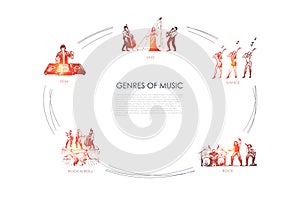 Genres of music - jazz, dance, rock, edm, rock n roll music vector concept set