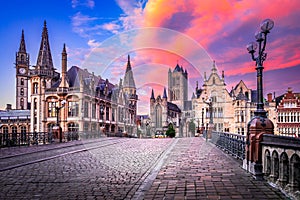 Gent, Belgium. Graslei historical downtown, River Leie and bridge Sint-Michielsplein