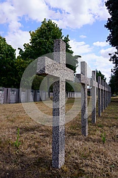 Gentbrugge, Flanders, Belgium WO1 and WO2 memorial graves, concrete crosses.