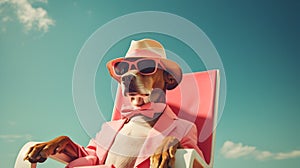 Gentelman dog on vacation, dressed up dog with suit, glasses and a hat on the beach