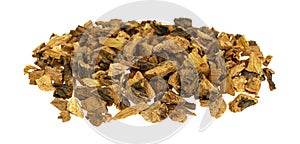 Gentian root in a small pile on a white background