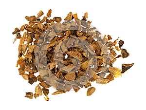 Gentian root in a small pile on a white background