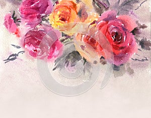 Gentle abstract watercolor floral bouquet in a la prima style, red, yellow, watercolor roses photo