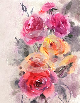 Gentle abstract watercolor floral bouquet in a la prima style, red, yellow, watercolor roses photo