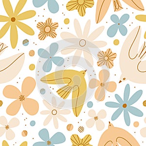 Gentle birds and flowers vector seamless pattern