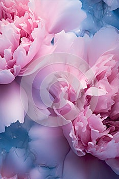 Gentle blue pink background with peony petals. Beautiful flower close up.