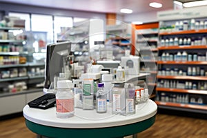 A gentle blur accentuates shelves of healthcare products in the store