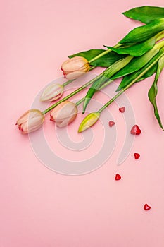 Gentle bouquet of tulips and red hearts isolated on light pink background