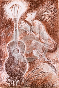 Gentle dreamy fairy poet crawing a guitar light, fantasy