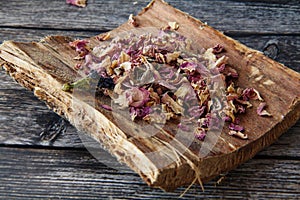 Gentle dried rose petals on a tree bark