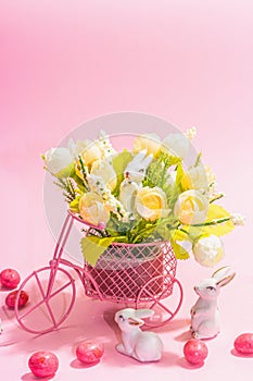 Gentle Easter greeting card with spring flowers, rabbit, eggs and traditional decor. Happy holiday