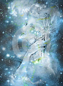 Gentle elve spirit looking up at the starlitt sky, illustration photo