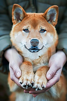 Gentle Embrace of a Shiba Inu Dog by a Human in Soft Daylight