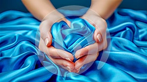 Gentle female hands shape a heart from luxurious blue silk, symbolizing love and care