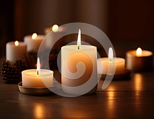 The gentle flicker of candle flames in a dimly lit room, providing a soft and soothing light source