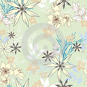 Gentle floral background. Vector seamless pattern with spring flowers in pastel colors